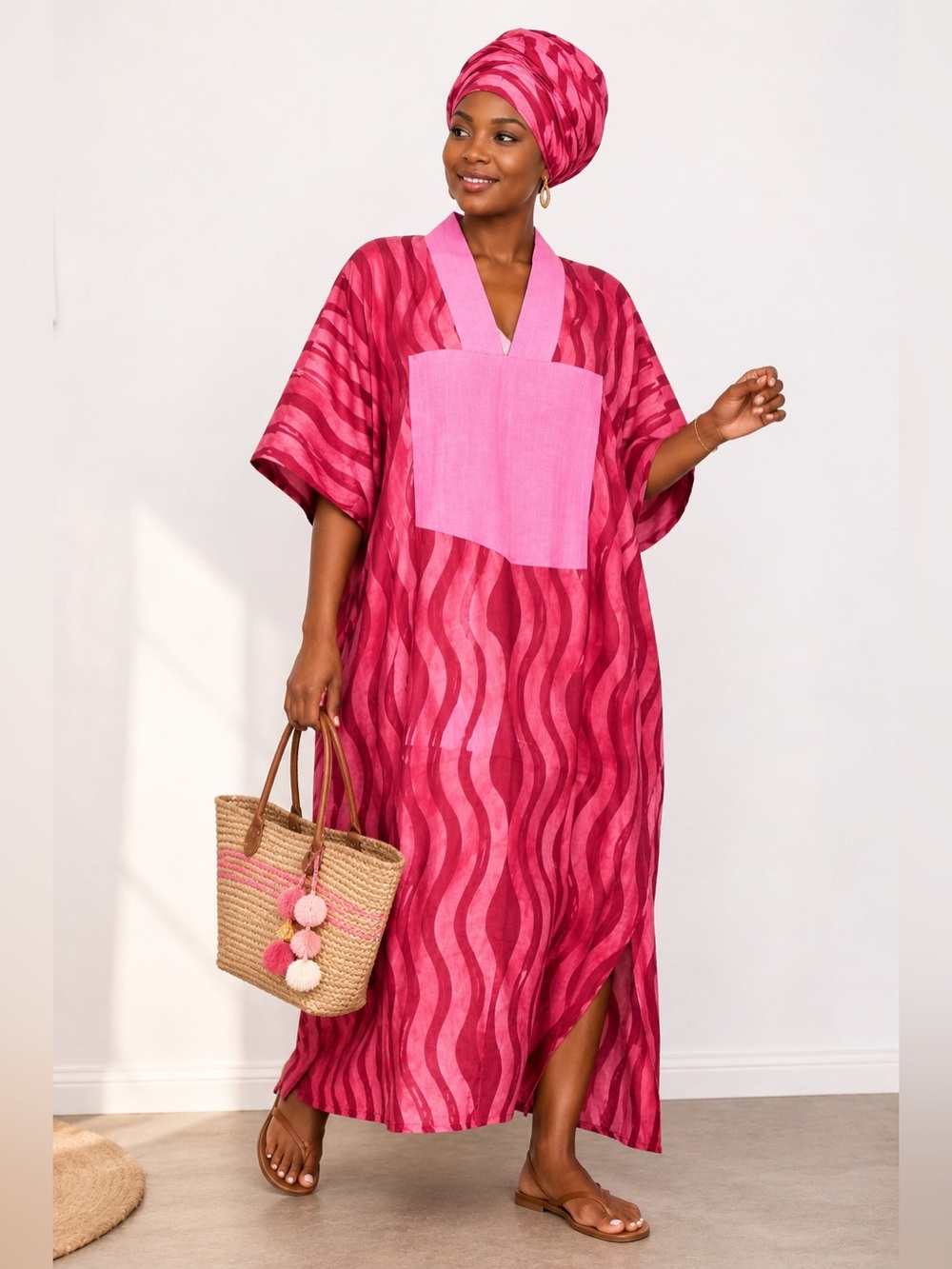 Pink Wave-Print Kaftan Dress with Contrast Panel